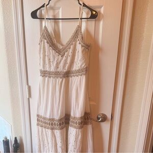 Elegant White and Tan Lace Maxi Dress